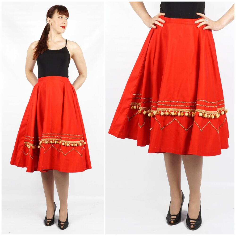 Vintage 1950s Red Beaded Zig Zag Pom-pom Circle Skirt by Capitol of Boston | Med